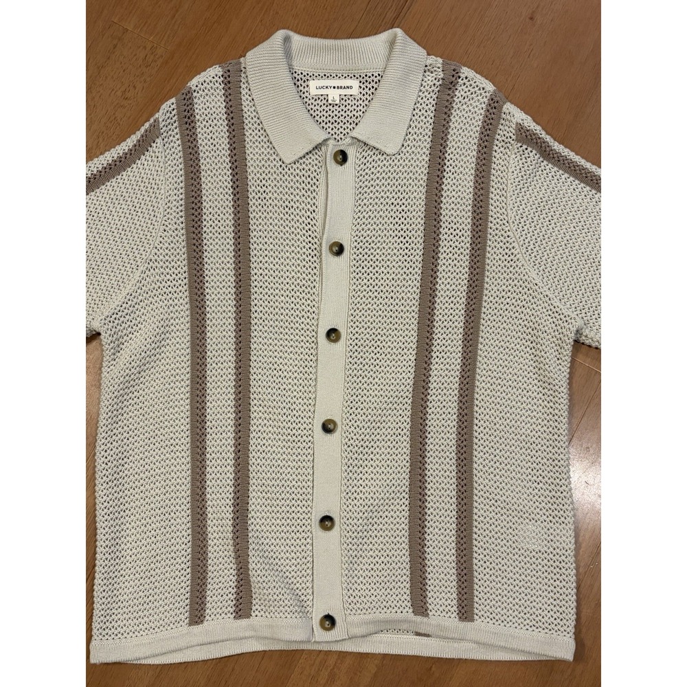 Lucky Brand Striped Crochet Cardigan Sweater Collared Button Short Sleeve Beach - Picture 2 of 16